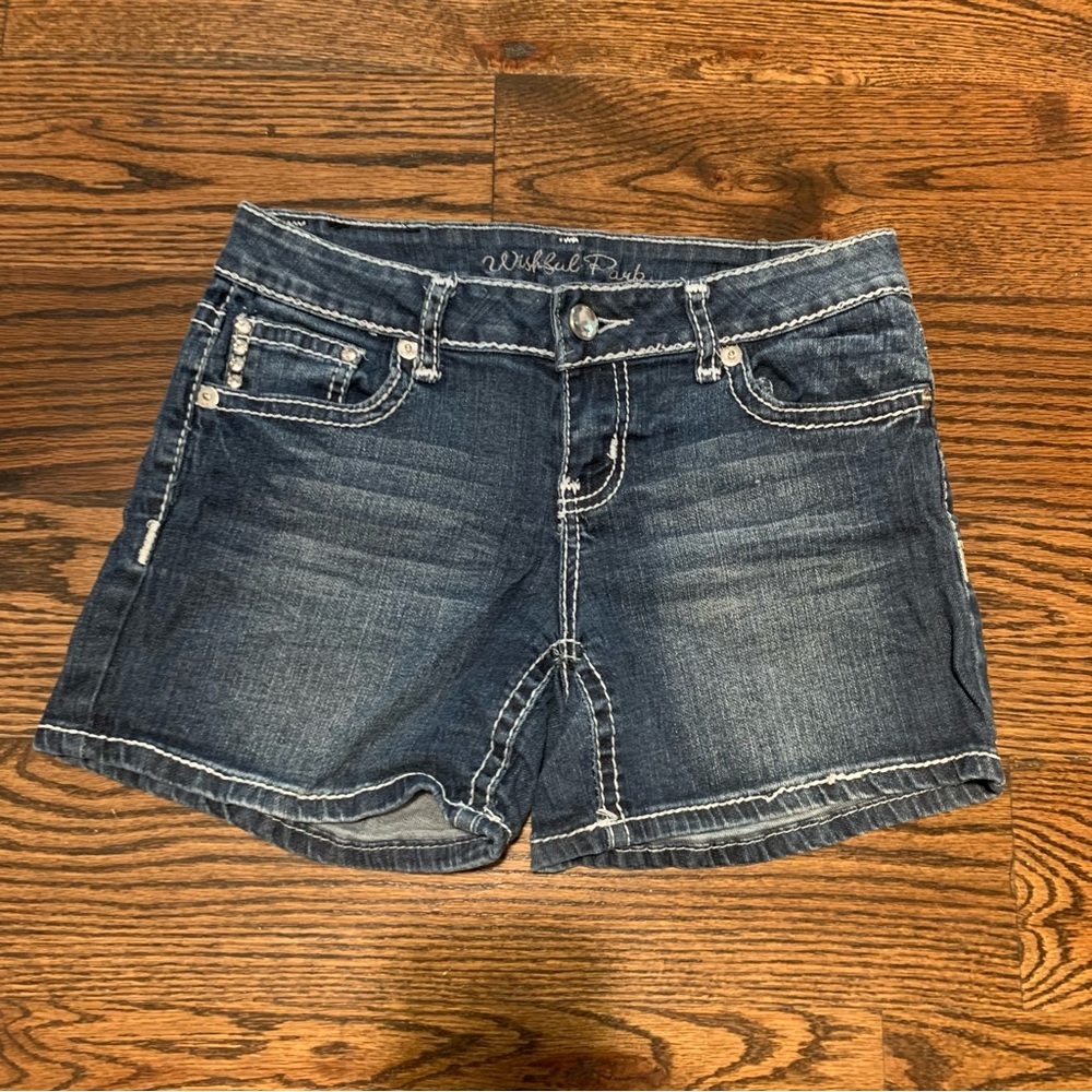 Wishful Park Shorts Juniors 7 Blue Distressed Jeans Denim Cross Pockets